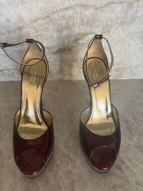 Gucci Women's Maroon Patent Leather Peep-Toe Ankle-Strap Heels